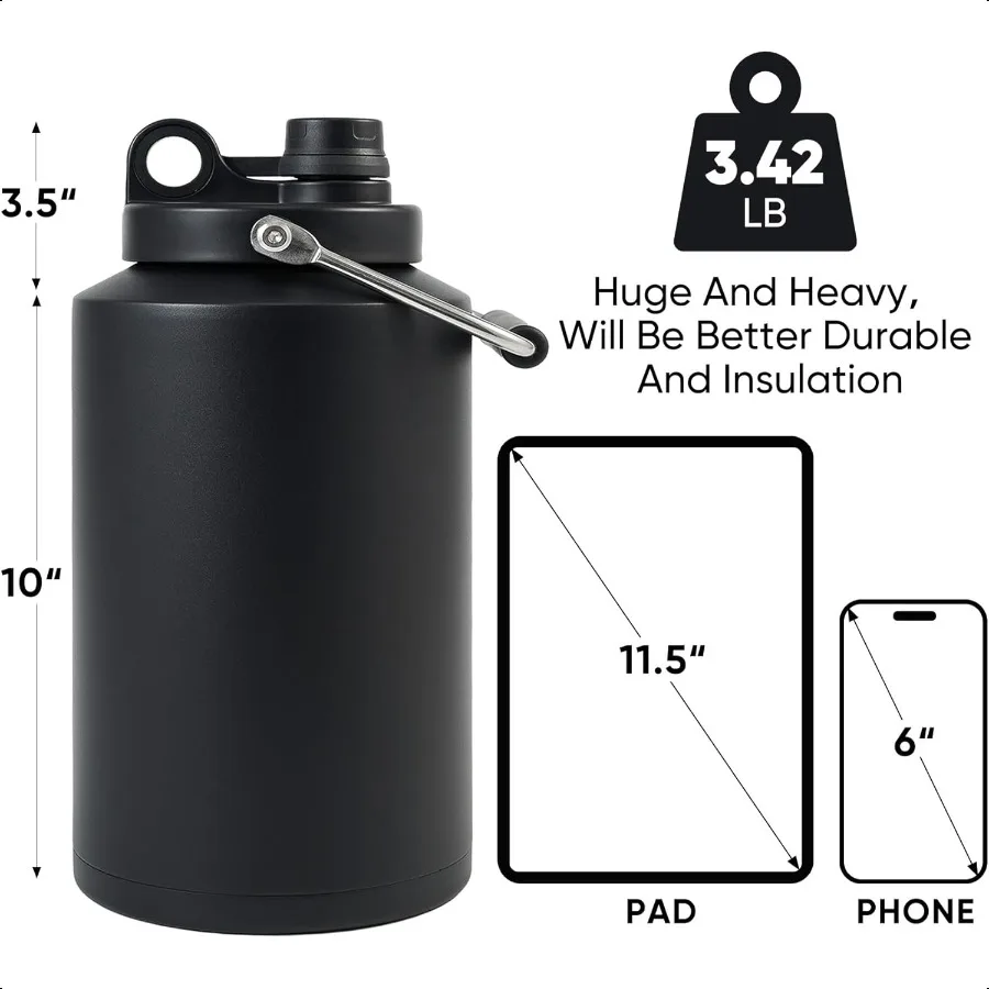 زجاجة مياه معزولة من الفولاذ المقاوم للصدأ جالون واحد 128 أونصة باللون الأسود