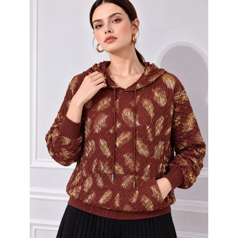 Miyake Pleated Hooded Sweatshirt for Women Featuring Gold Foil Feather Print Casual Fold Jacket Long Sleeves Multiple Colors Top