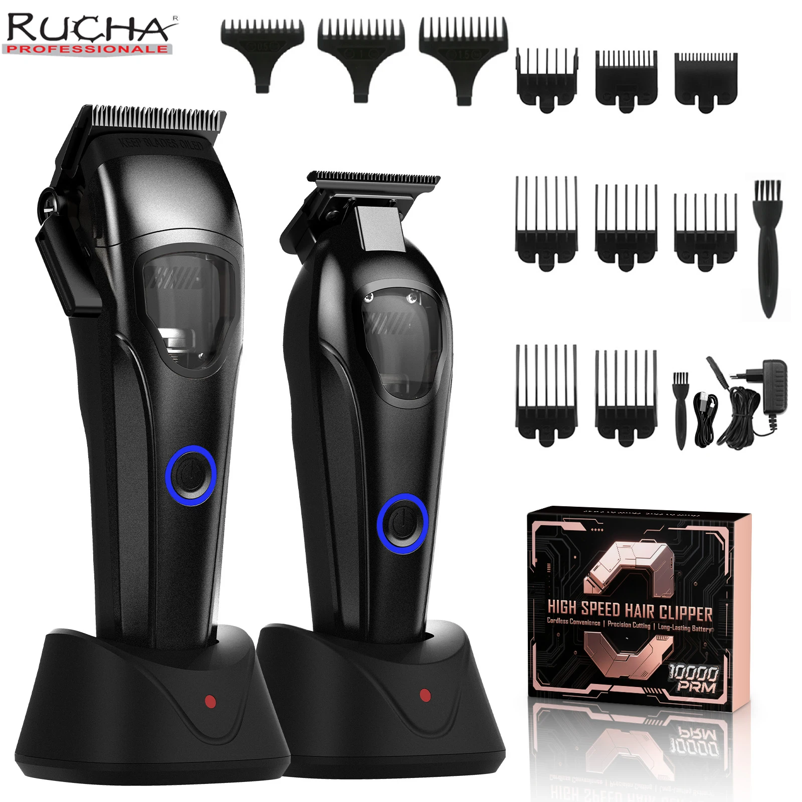 

RUCHA 10000rpm Clipper High Speed Men's Hair Trimmer DLC T-Blade 0-Gapped Cordless USB Professional LED Display Hair Clipper for