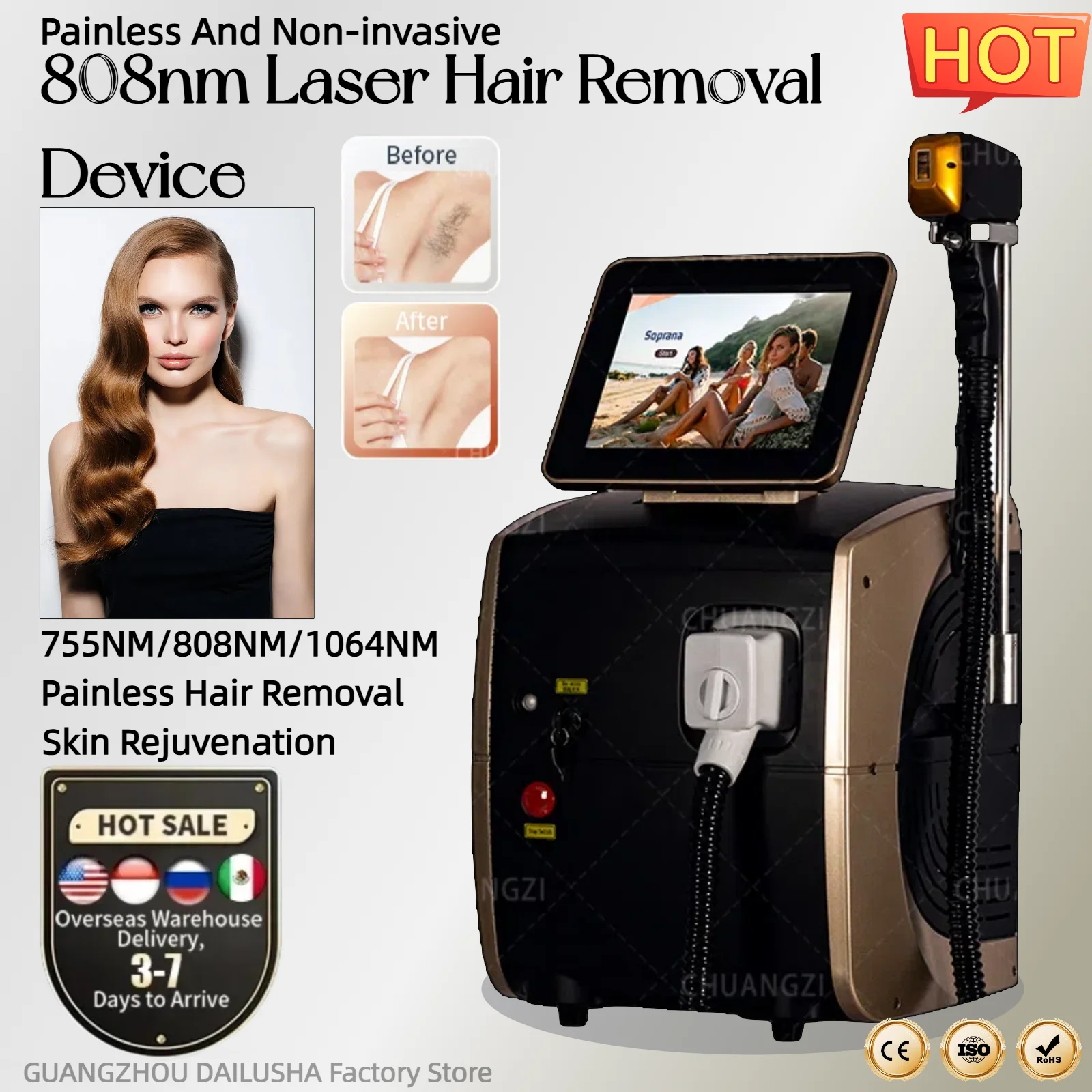 

808nm Diode Laser Freezing Point Painless And Permanent Hair Removal With Three Wavelength 755 808 1064 Equipment