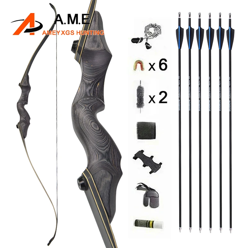 

60" Recurve Bow and Carbon Arrow Set 25-60lbs Archery Bow Takedown 15 inch Wooden Riser Bow for Left/Right Hand Shooting Hunting