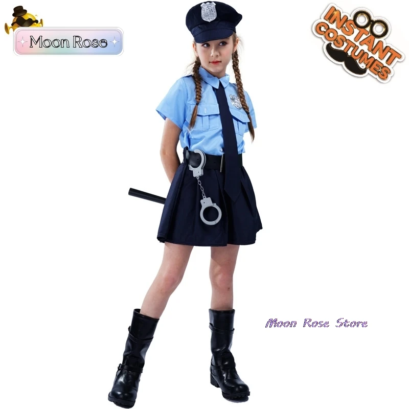 Girls Police Role Play Dress Dressup Clothes Children Police Officer Uniform Playsuits Halloween Performance Costumes