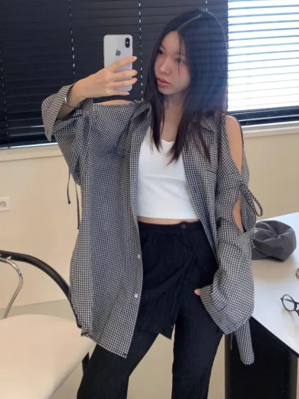 여성용 루즈핏 셔츠 민소매 홀로우 아웃 타이 넥 폴로 칼라 미디 길이 코튼 체크무늬 여름 패션 출퇴근 스타일