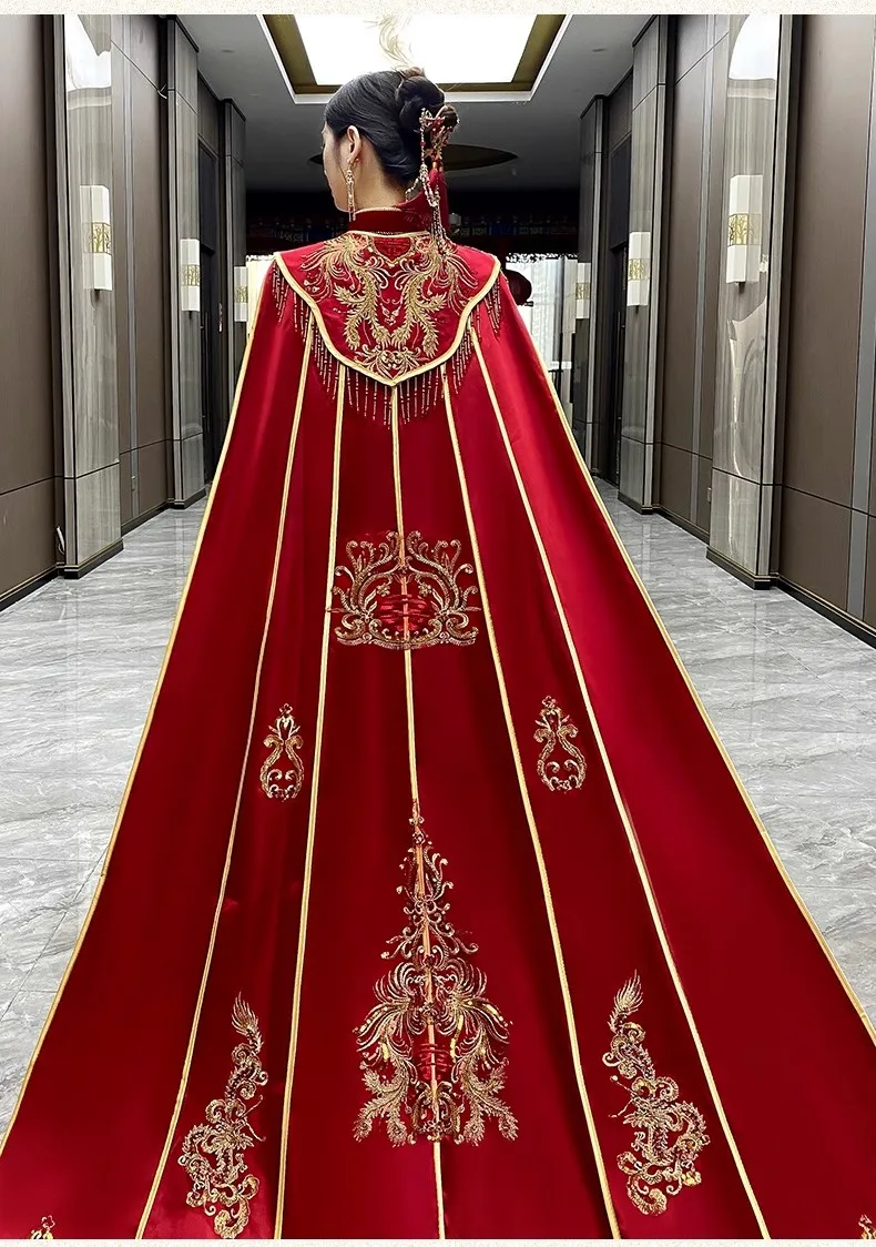 Mingli Tengda Red Cloak Bride Wedding Chinese Style Shawl Long Tail Phoenix Crown Xiapei Large Cloak Long Cloak Embroidery Coat