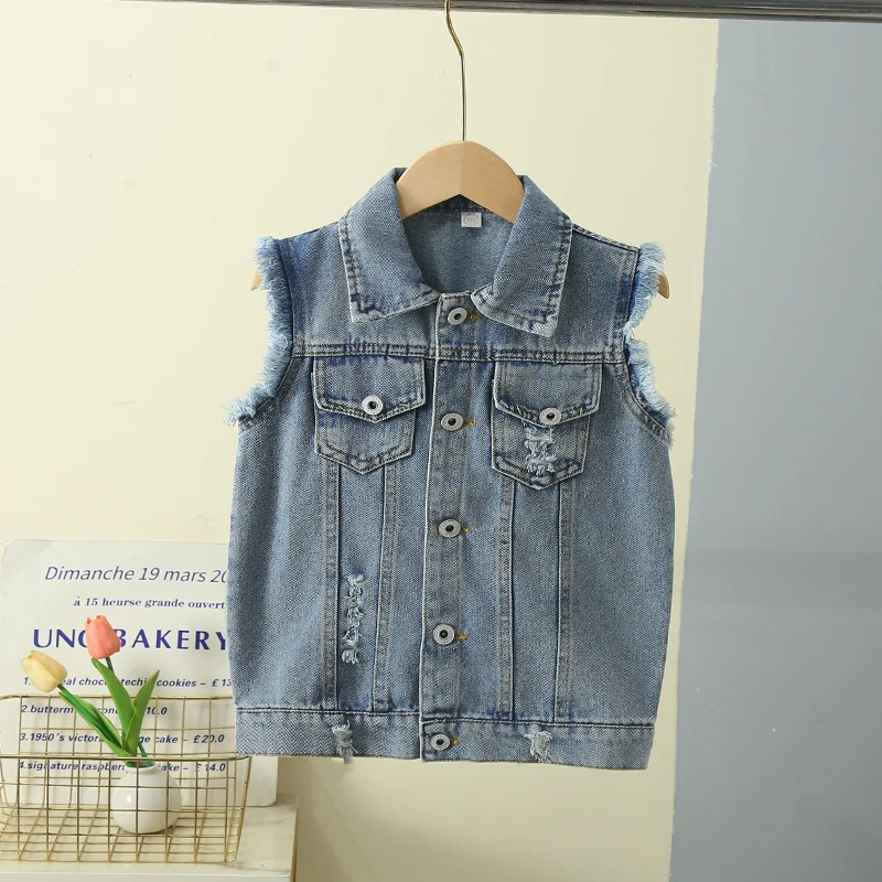 Vintage Light Blue Unisex Child Ripped Denim Waistcoat for Boys Girls Casual Sleeveless Jeans Jacket Vest Kids Fashion Waist Coa