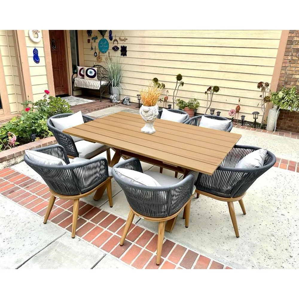 7 Pieces Patio Dining Tbale Set, Wicker Outdoor Furniture Rectangular Table and Chairs Set for Garden Deck, Dining Tables Sets