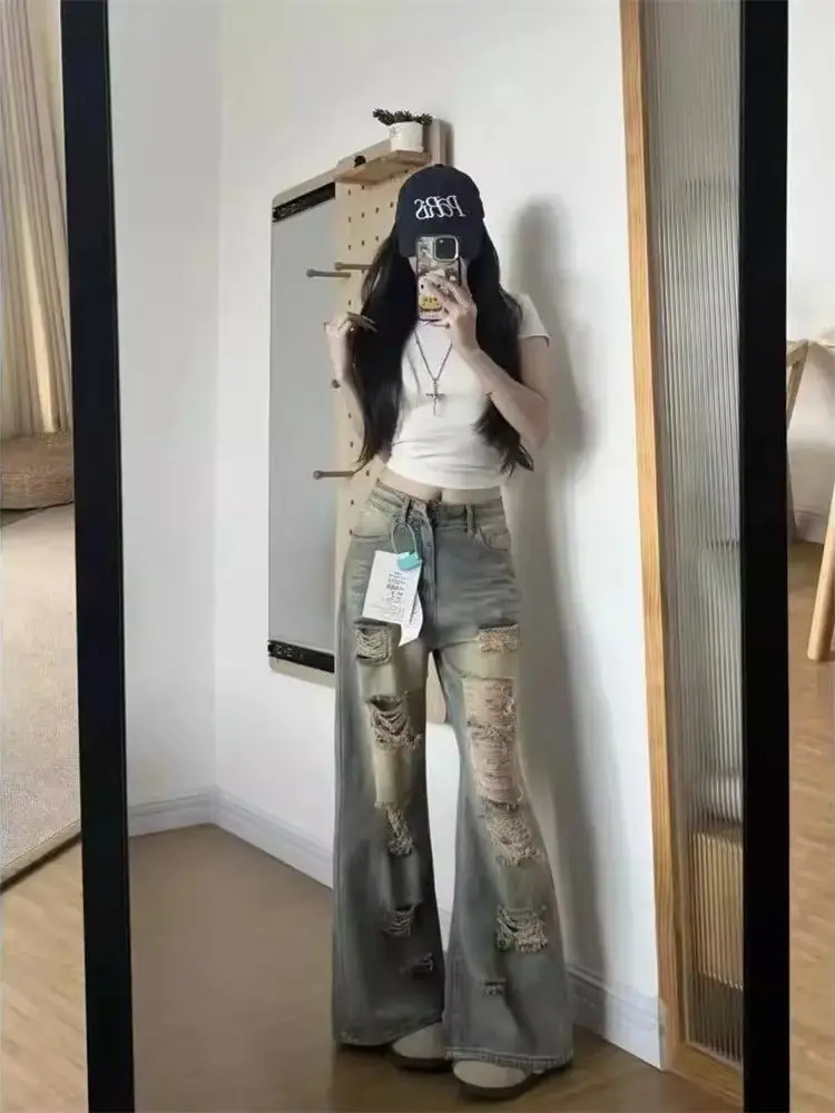 Washed Hole Jeans Straight Pants Women Mid Waist Loose Trousers Ripped Denims Distressed Vintage Streetwear Female Floor Length