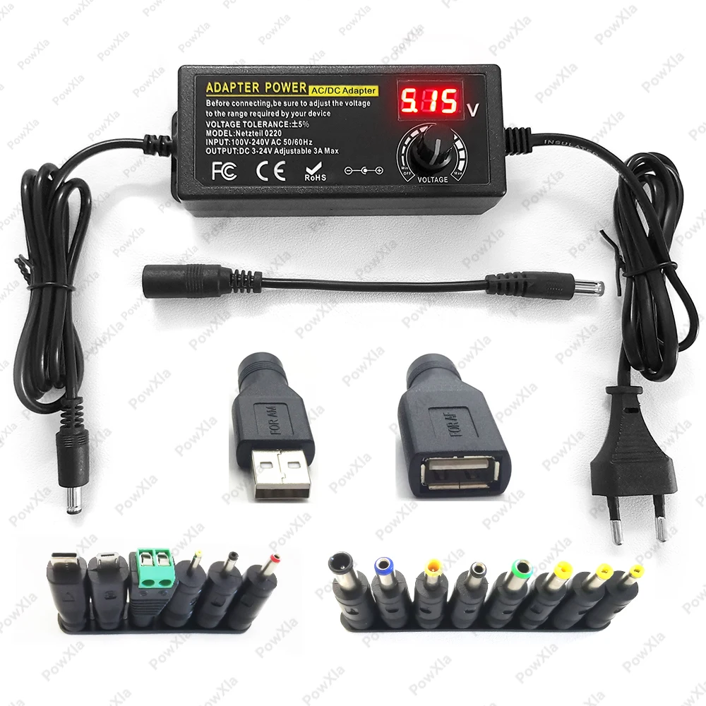 

Адаптер питания PowXla 3A, 72 Вт, переменный источник питания от 100 до 240 В переменного тока до 3-24 В постоянного тока с 16 наконечниками, регулируемый преобразователь для светодиодной ленты, видеонаблюдения