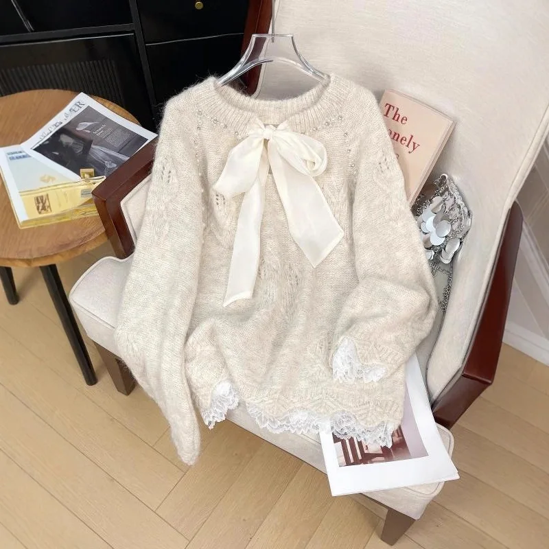 

Pullovers Women Sweaters Round Neck Full Sleeve Jumpers Mid Length Tops Y2k Streetwear Elegant Splice Knit Casual 2026 Spring