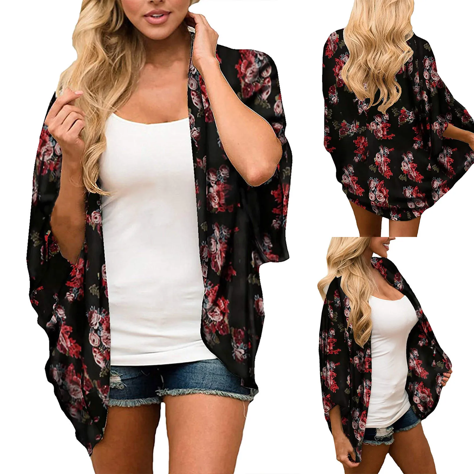 Women\'s Plus Size Floral Print Lightweight Chiffon Kimono Cardigan Short Sleeve Loose Beach Wear Cover Up Blouse Top