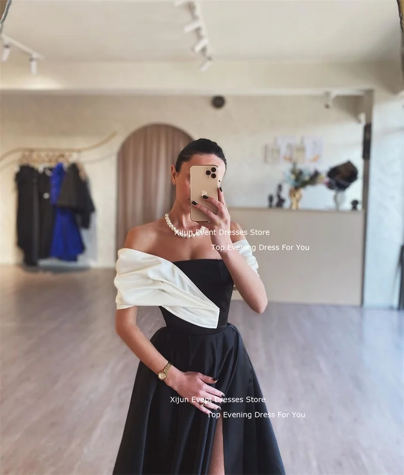 Xijun Black Whte Satin Long Evening Dresses Side Slit Floor Length Prom Dresses Formal Occasion A-Line Prom Gowns For Women \\