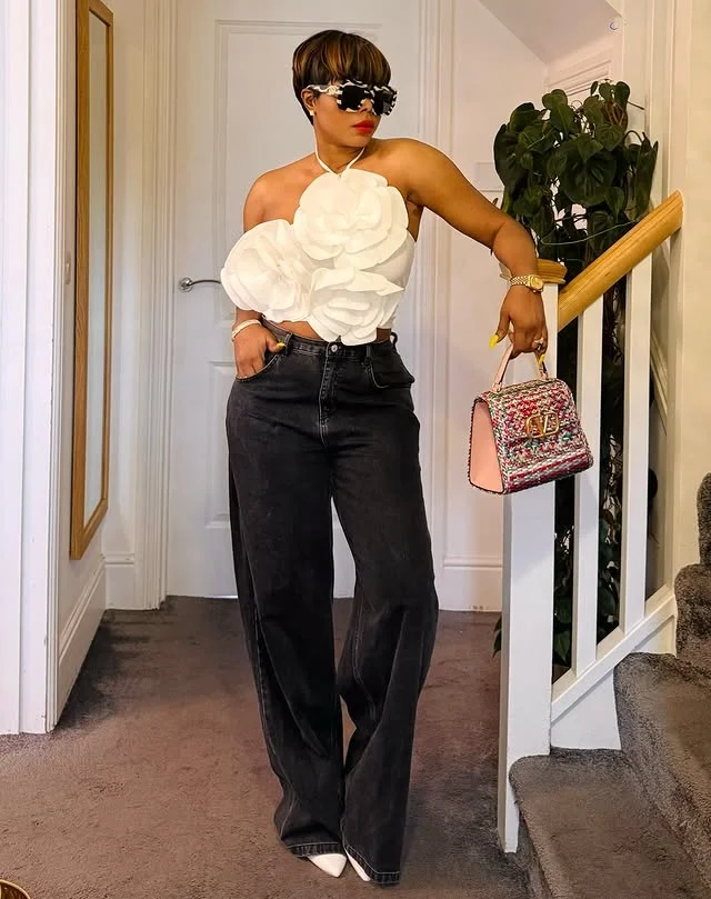 

Red Satin Halter Short Top Ruffles 3d Flowers Women Formal Wear Only The Top