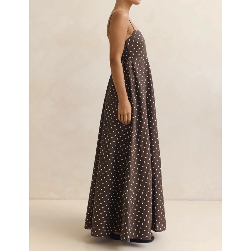 فستان نسائي صيفي سهل الارتداء منقط مطبوع بدون أكمام بحزام سباغيتي سموكيد بدون ظهر فستان طويل على شكل حرف A مع جيوب #2