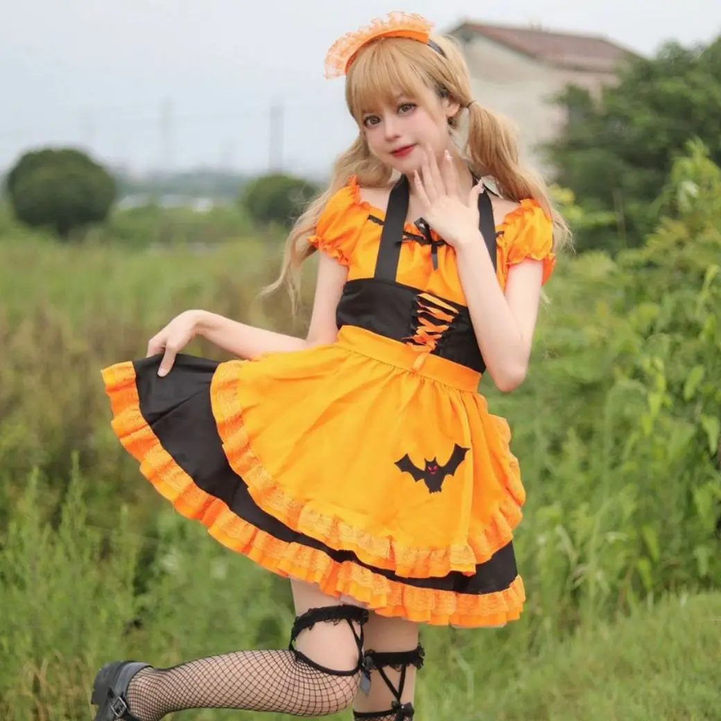 Halloween Cosplay Maid Costume for Women Bat Pattern Embroidered Gothic Servant Dress Halloween Party Vampire Witch Role Play view 2