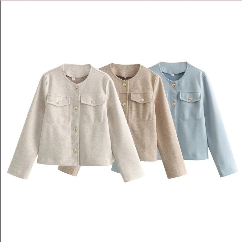 

Fashion Tweed Jacket Women Autumn Female Solid O-neck Pocket Jacket Outwear Top Winter Long Sleeve Single Breasted Cropped Coat