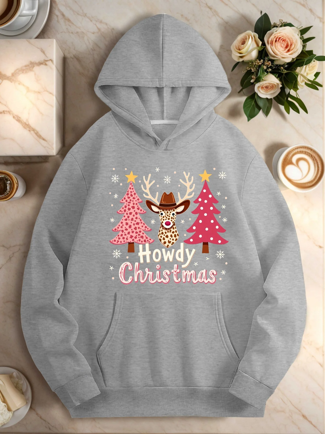 

Women's Plus Size Howdy Christmas Western Cowgirl Hoodie - Pink Reindeer & Cactus Print Pullover with Hat Design, Grey Winter