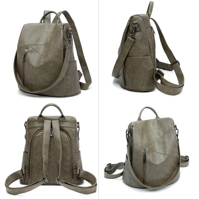 Mochila de couro vintage impermeável para mulheres, sacos urbanos verdes, mochilas antifurto, mochila de bolso grande, bolsa de viagem feminina