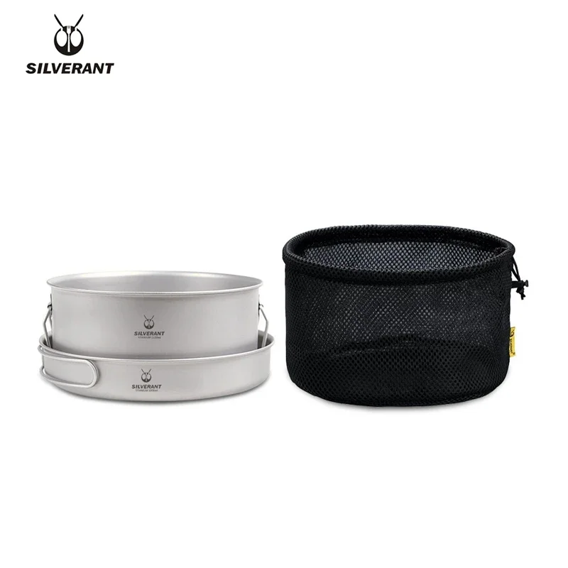 Titanium Pot And Frying Pan Combination 2 Piece Set Outdoor Large Camping Cookware With Folding Handle For Travel Bushcraft