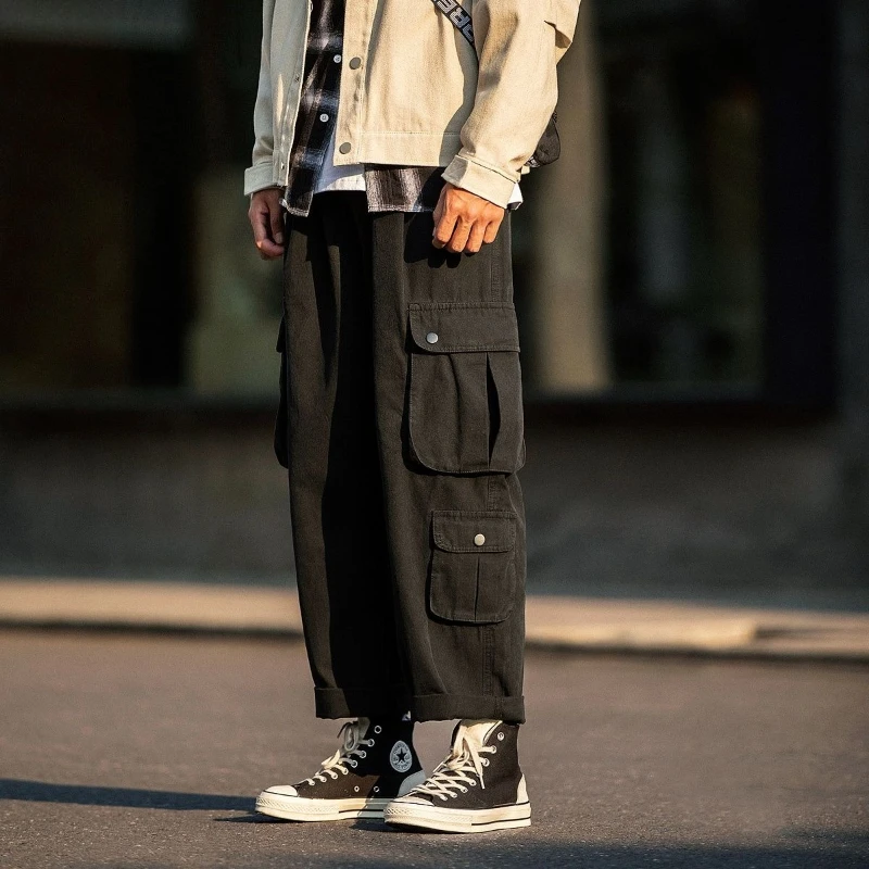 

Мужские свободные брюки-карго с широкими штанинами и карманами, модные повседневные универсальные брюки в уличном стиле для мужчин
