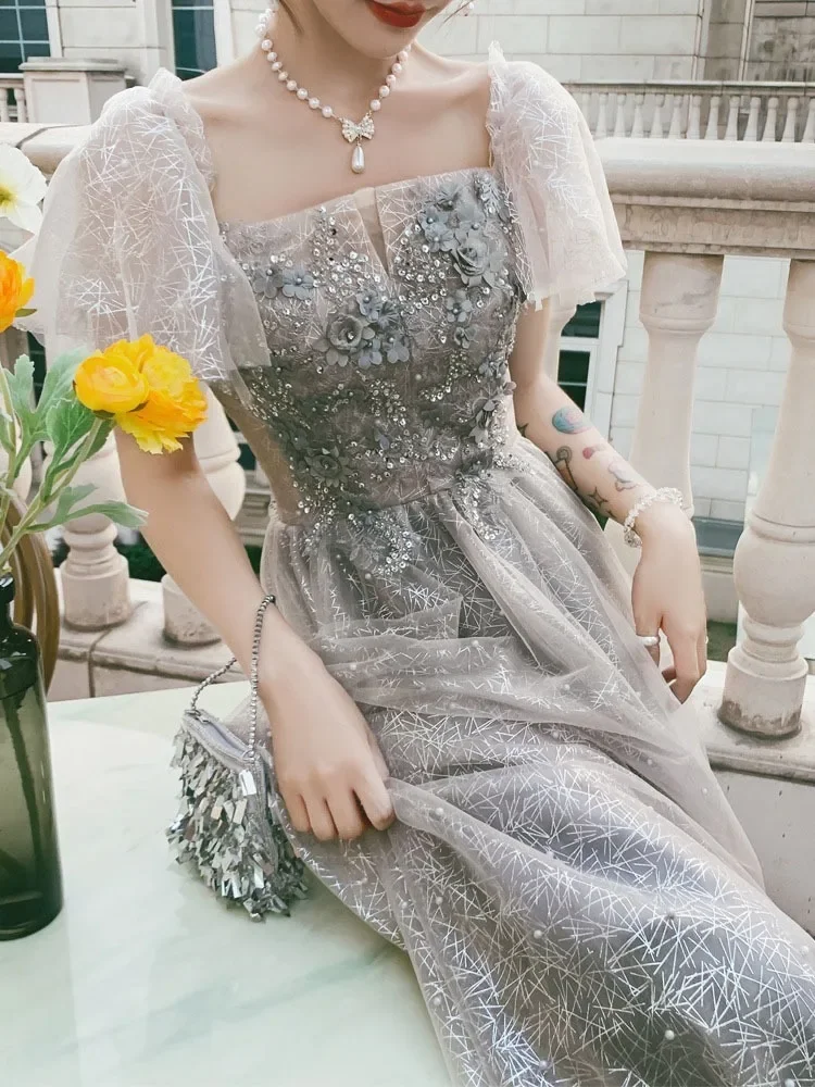 Customized French Style Temperament Square Collar Wedding Party Robe Puff Sleeve Sequined Design Prom Dress Slim Fit New Evening