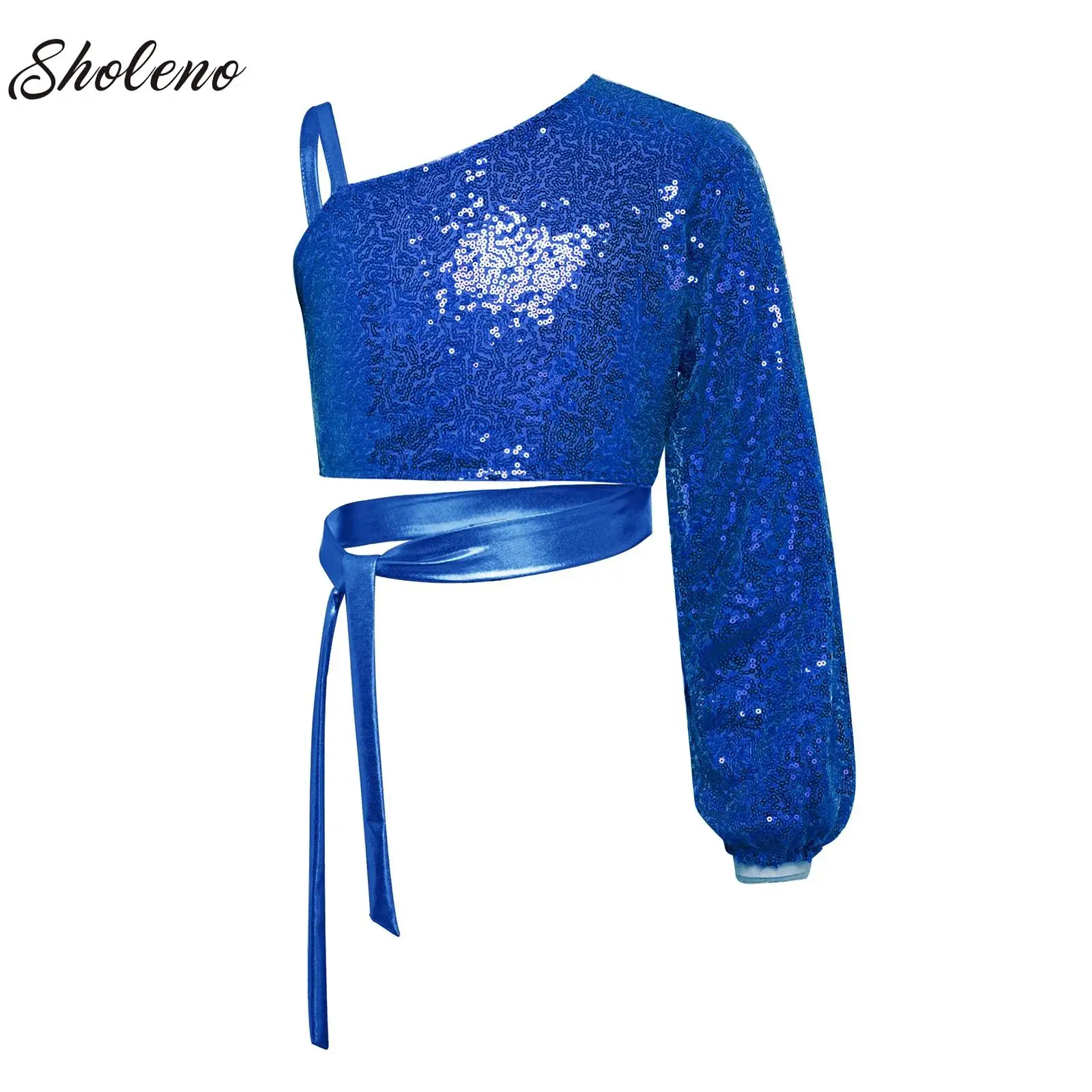 

Kid Girls Shiny One Long Sleeve Jazz Dance Crop Top Self-tie Waist T-shirt for Hip Hop Belly Ballet Dance Stage Performance Wear