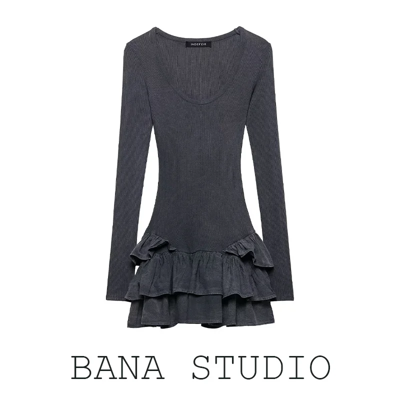 グレーバレエ風ウォッシュ加工フリルショートスカートドレスハイウエストケーキスカートolスタイル春通勤長袖無地