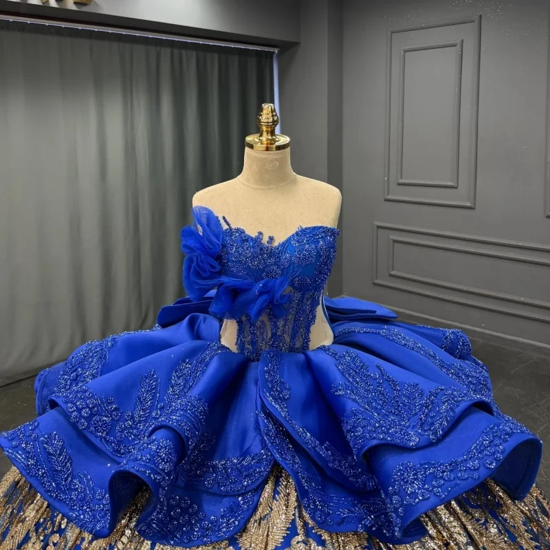 

Shiny royal blue Quinceanera Dress off-shoulder golden glitter decal layering Long tail vestidos de 15 Quinceanera ﻿Customize