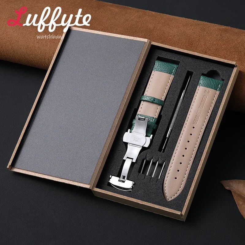 Business Butterfly Buckle Watch Accessories 18/20/22mm Universal Replacement Watch Band with Gift Packing Box Leather Watch Band