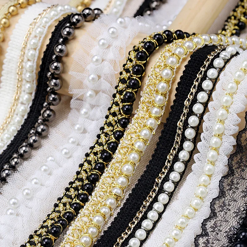 1Yard Pearl Lace Trim Ribbon Edge Fabric Tape Pearl Gold Lace Edging Trimmings Fabric Embroidered Applique Sewing Craft Wedding