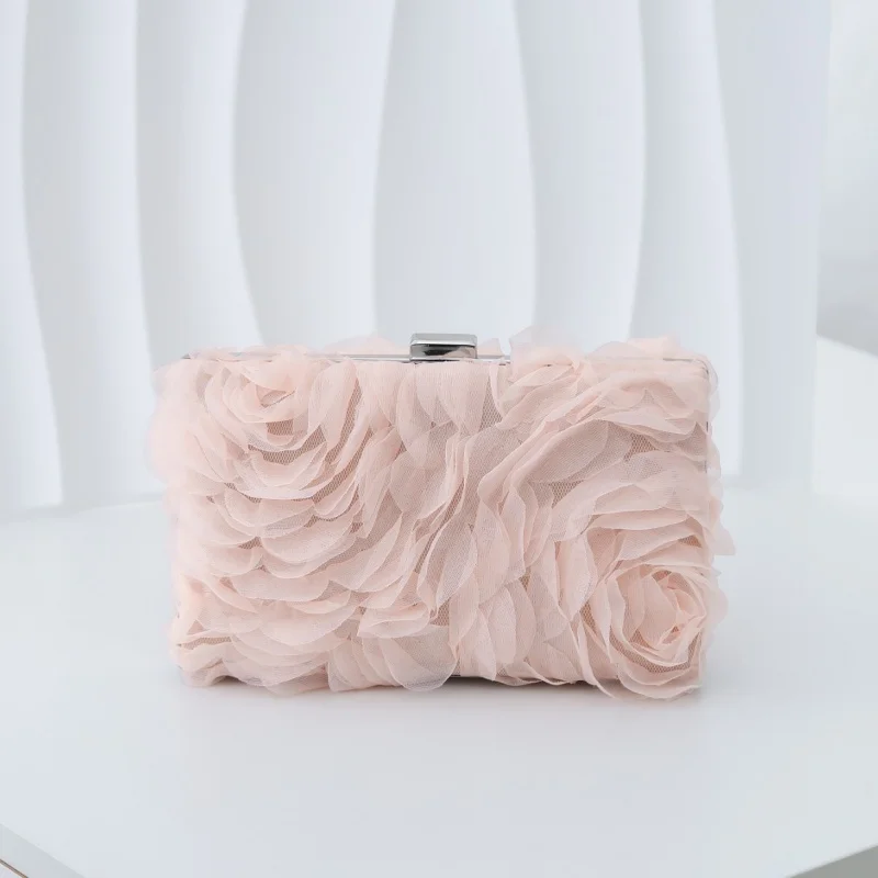Pink 3D Rose Tulle Evening Bag Floral Mesh Petal Hard Case Bridal Wedding Clutch Cocktail Party Square Purse Detachable Strap view 2