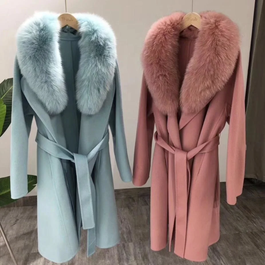 

Natural Women 2023 Fox new Fur Collar Cashmere Wool Blends Coat Women Long Outerwear Belt Vintage High Quality