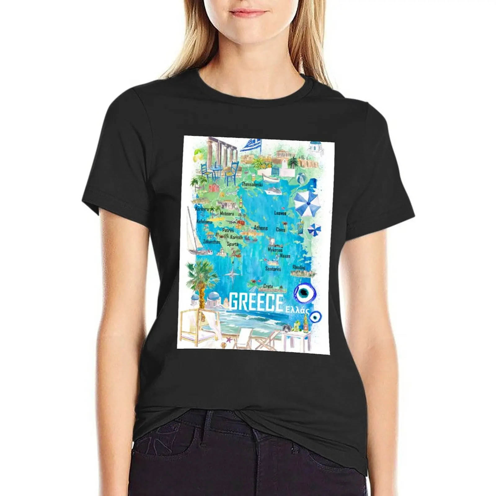 Greece Illustrated Travel Map in Mediterranean Aegean Adriatic Seas with Roads and Tourist Highlights T-Shirt