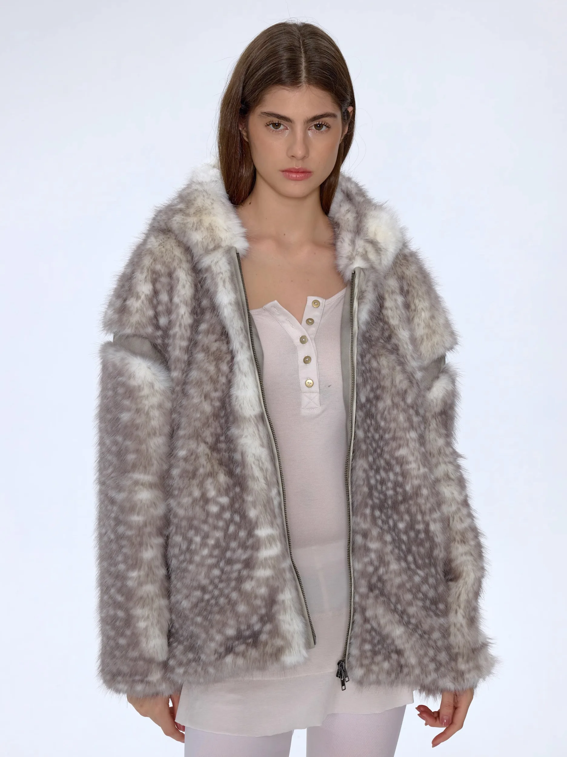 

C Winter Coat Fur Lined Hooded Jaet Leopard Texture Synthetic Fur Long Sve Stand Fit Street Sle Winter Outerwear