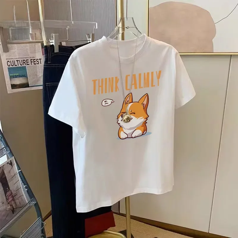 

Cotton original design Cartoon creativity think calmly corgi printed men and women summer loose casual round neck top clothes