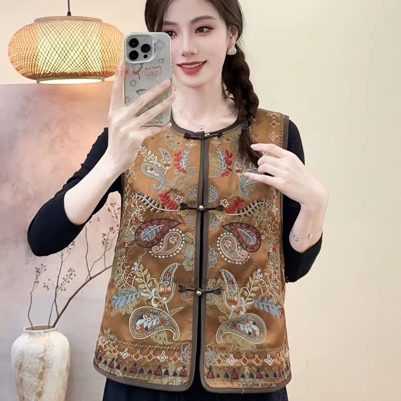 2025 الصينية خمر hanfu القمم الرجعية الساتان الجاكار س الرقبة سترة الوطنية زهرة التطريز جاكيت بلا إكمام سترة الشعبية العرقية #5