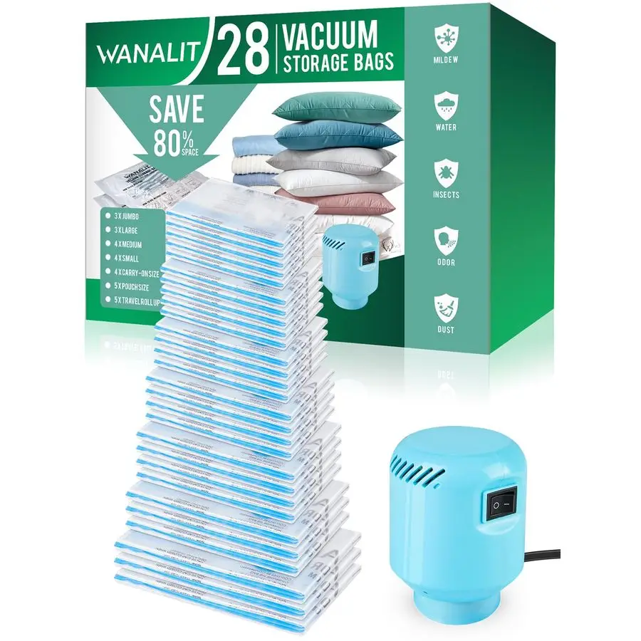 

Мешки для хранения с электрическим воздушным насосом, новый компрессионный мешок с воздушным клапаном, 28 упаковок, компактный вакуумный упаковщик для одежды, Bl