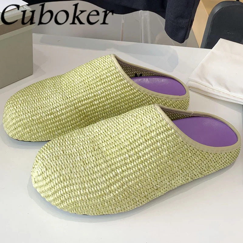 

Designer Brand Cane Weave Mules Women Flat Slippers Round Toe Half Slides Ladies Spring Summer Home Causal Flat Shoes Female