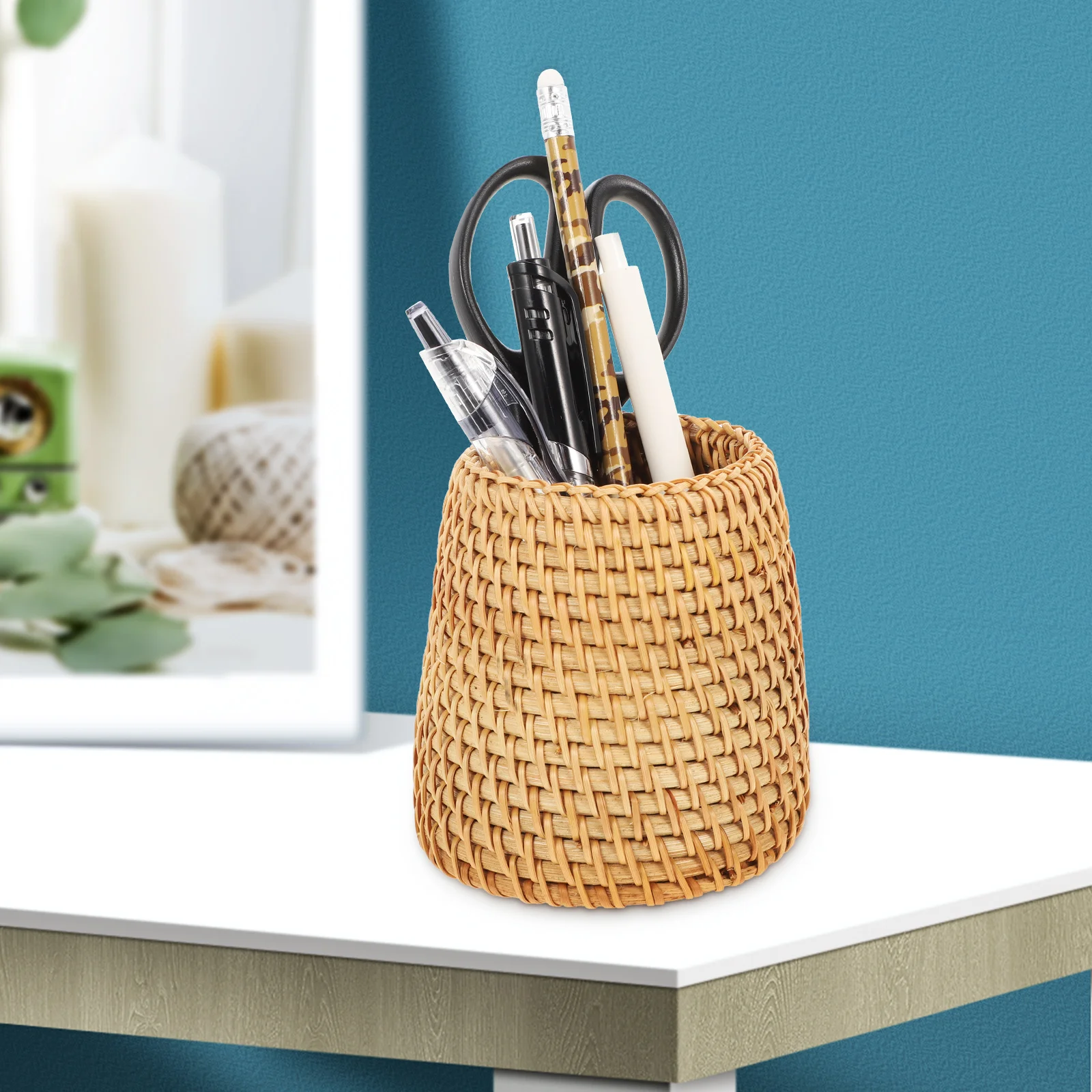 

Rattan Pencil Holder Desktop Pen Holder Natural Style Pastoral Rattan Woven Large Stationery Organizer for Home Office