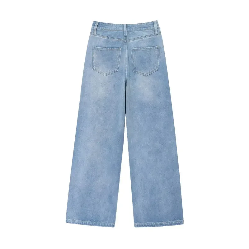 Retro Women's Two-Piece Suit Casual Wide-Leg Denim Trousers with V-Neck Vest And Waist Tie Commuter Wear for Women