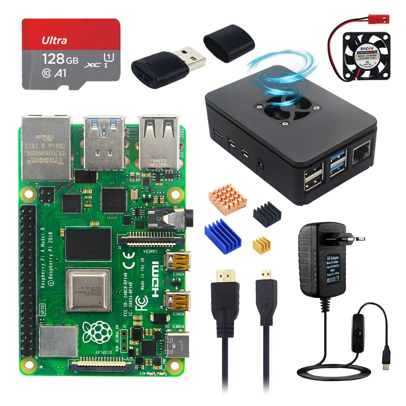 Oryginalny zestaw Raspberry Pi 4 Model B 2 4 8 GB + obudowa + 32 64 128 GB karta TF + zasilacz + wentylator + radiator + kabel wideo dla Pi 4