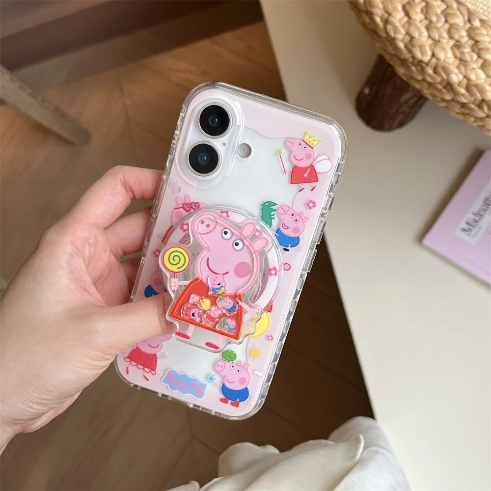 

Cute cartoon pink pig with Magsafe stand phone case for iPhone 13 14 15 pro 16 Pro Max cover wireless charging protection cover