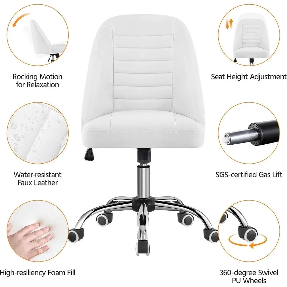 PU Leather Armless Office Chair, Mid Back Desk Chair, Computer Task Chair, Modern Vanity Chair with Rolling Wheels