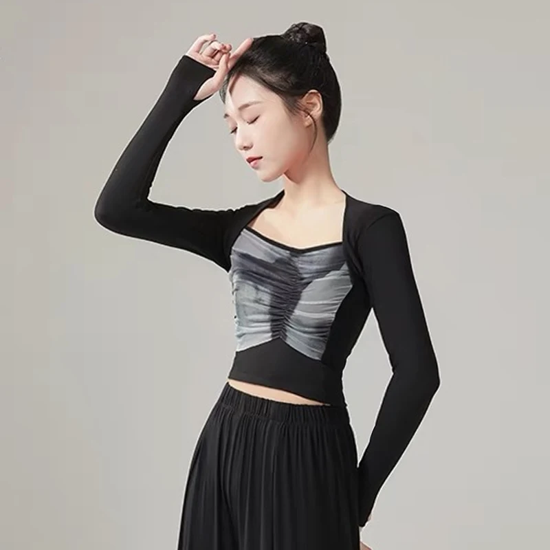 

2024 тонкие латиноамериканские рубашки с длинным рукавом женская одежда для тренировок Танго Женские топы для латиноамериканских танцев DQL8913