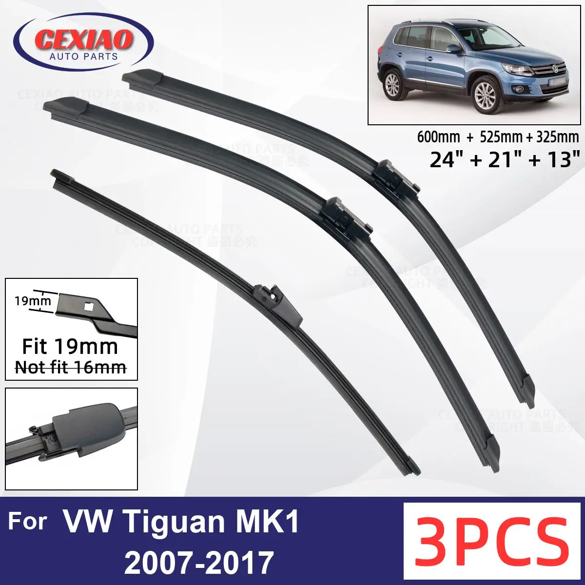 

For VW Tiguan MK1 2007-2017 Car Front Rear Wiper Blades Soft Rubber Windscreen Wipers Auto Windshield 24"+21"+13" 2014 2015 2016