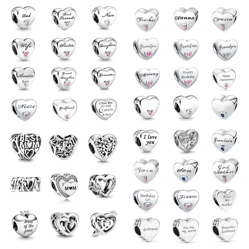 New Heart Mom Sister Daughter Niece Charm 925 Fine Sterling Silver Plated Women DIY Jewelry Bead Fit Original Bracelet