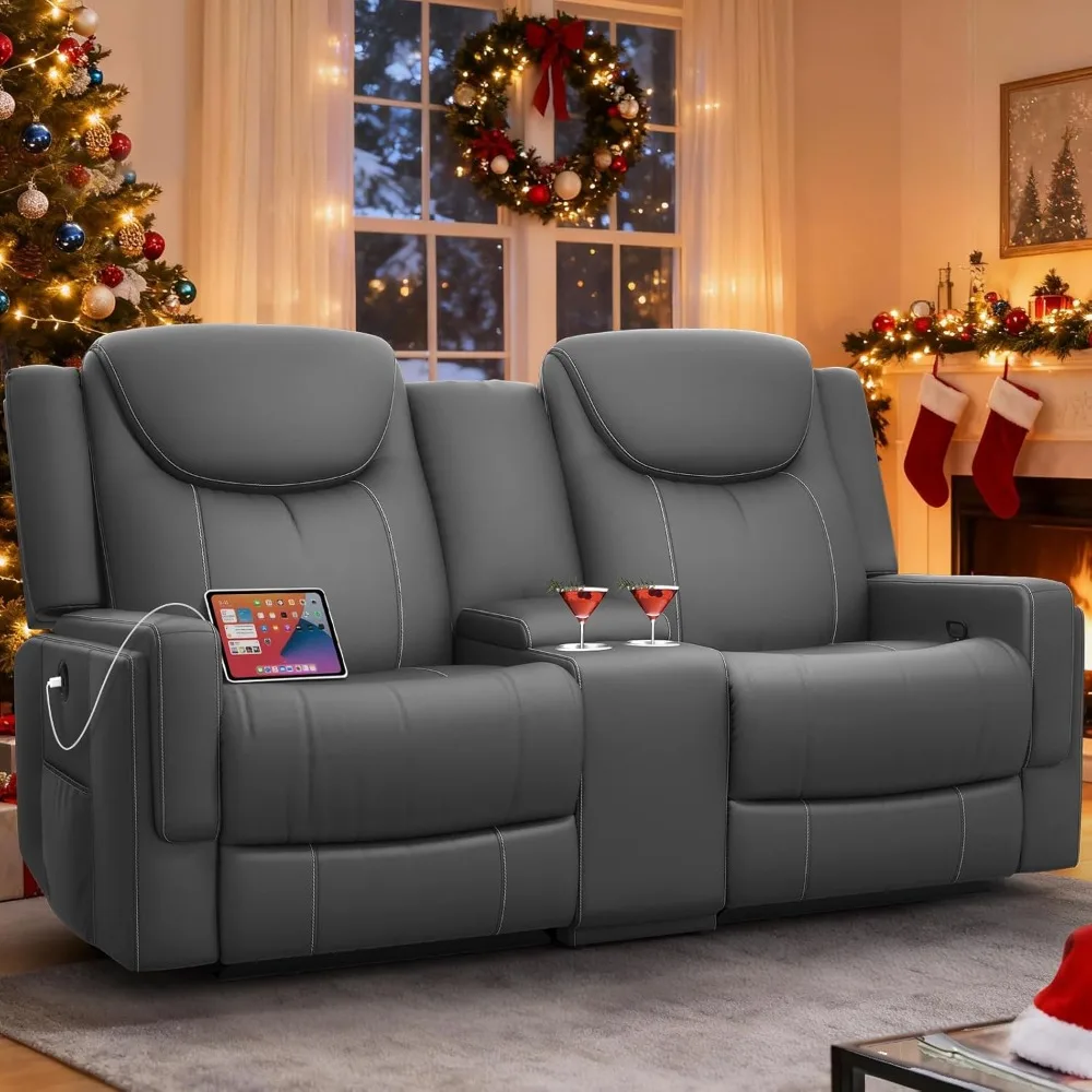 

Gray PU Leather Double Recliner Sofa with Console, Cup Holder, Storage Space and USB Port