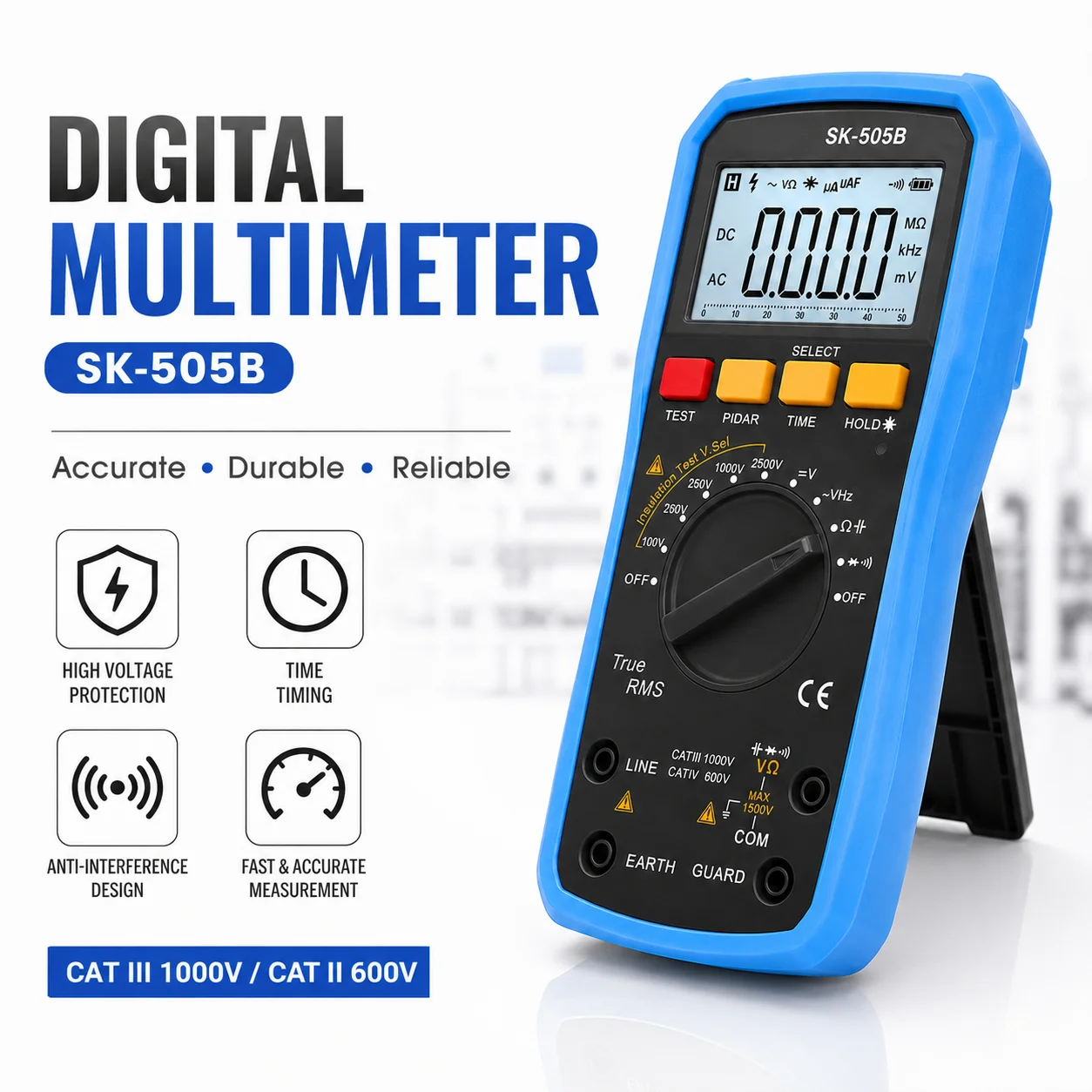 

SK505B 2500V Digital Insulation Resistance Tester 50GΩ Megger Meter True RMS Multimeter AC/DC Voltage Ohm Capacitance PI DAR