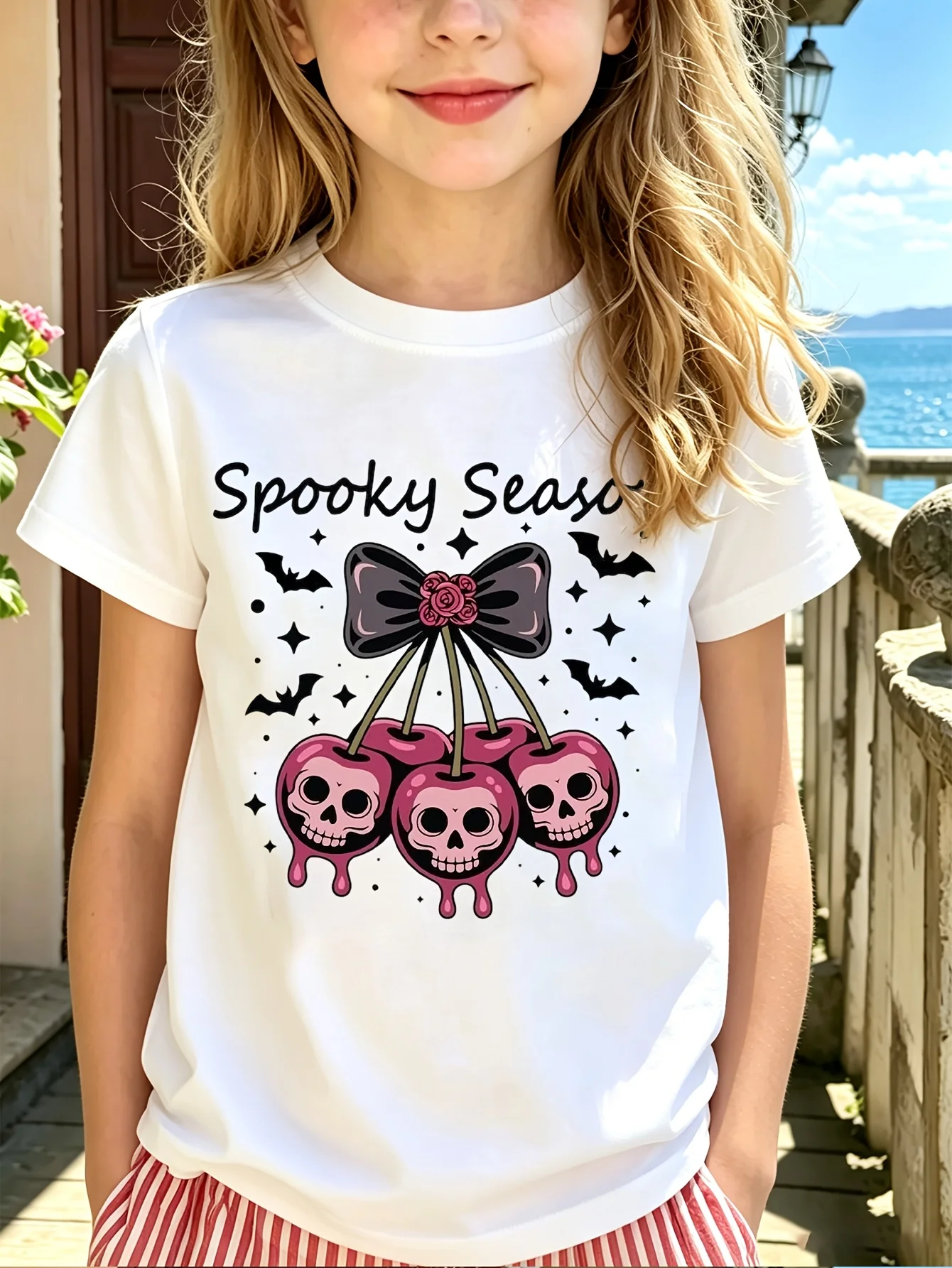 Kids Boys Girls Family Matching T Shirt Spooky Season Halloween Cherry Skull Bow Graphic Print Short Sleeve Crew Neck Tee Tops