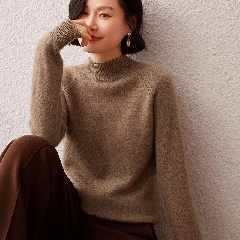 

Half Turtleneck Raglan 100% Cashmere Knitted Base Shirt for Women Loose Warm Top Autumn Winter Thick Versatile Sweater