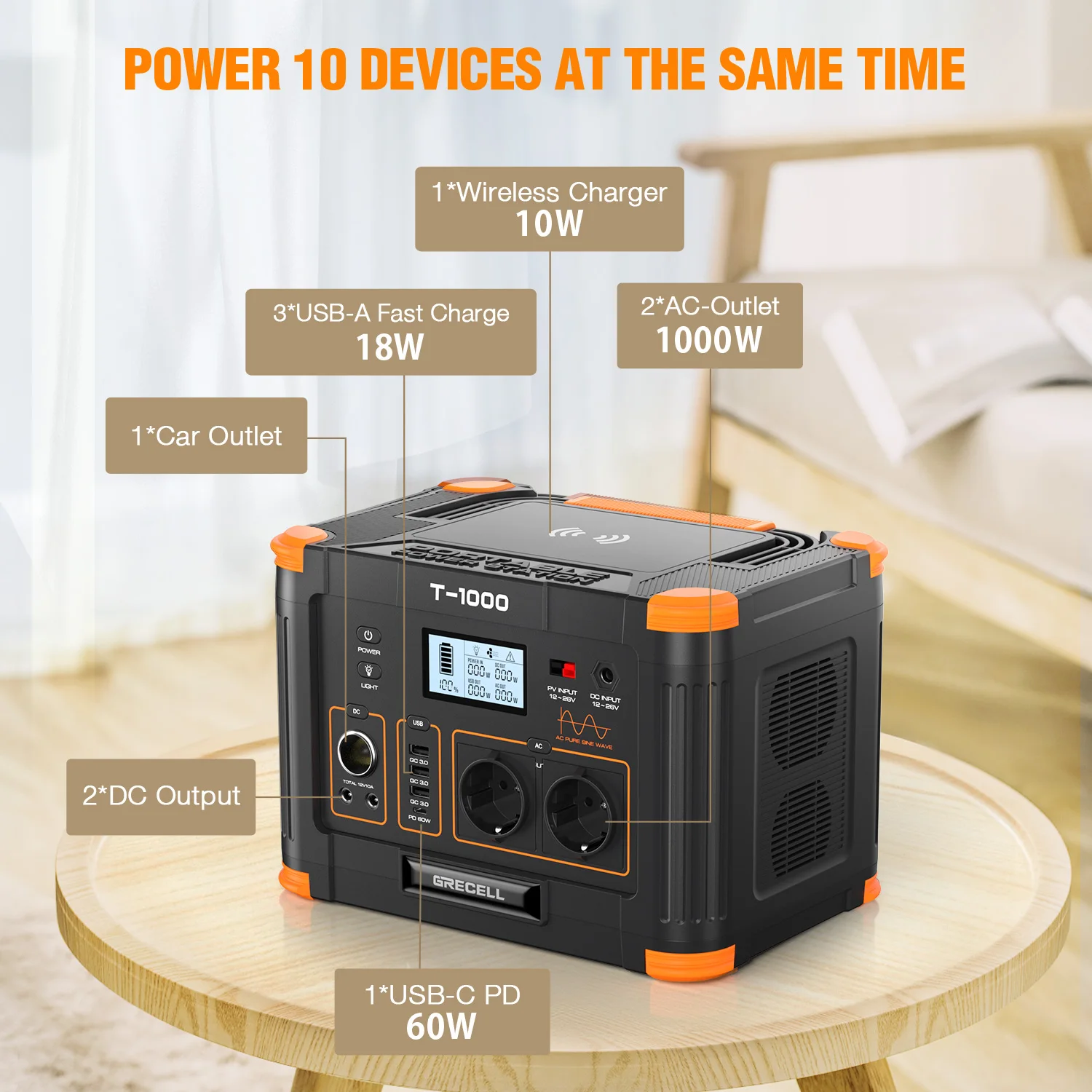 Solar Input 1000W Pure Sine Wave AC Outlet Solar Generator Portable Power Station For Emergency Outdoor Camping Hunting